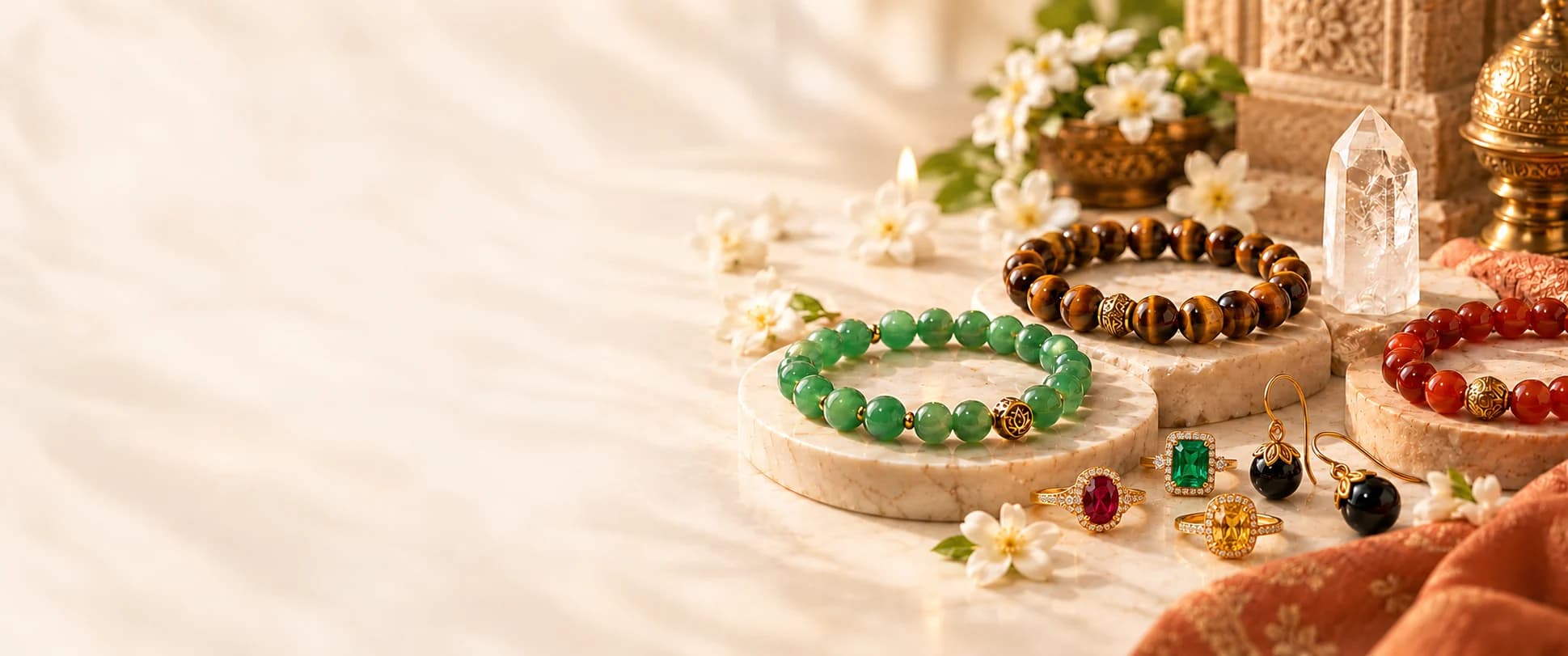 Gemstone bracelets, earrings and rings arranged for a spiritual jewellery collection